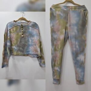 SO Womens Textured Knit Tie Dye Joggers Set